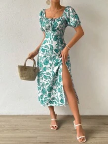 Breezaya Floral Print Off Shoulder Split Thigh Dress Maxi Women Outfit - Green - View 3