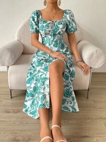Breezaya Floral Print Off Shoulder Split Thigh Dress Maxi Women Outfit - Green - View 4