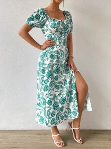 Breezaya Floral Print Off Shoulder Split Thigh Dress Maxi Women Outfit - Green - View 5