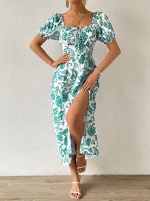 Breezaya Floral Print Off Shoulder Split Thigh Dress Maxi Women Outfit - Green - View 6