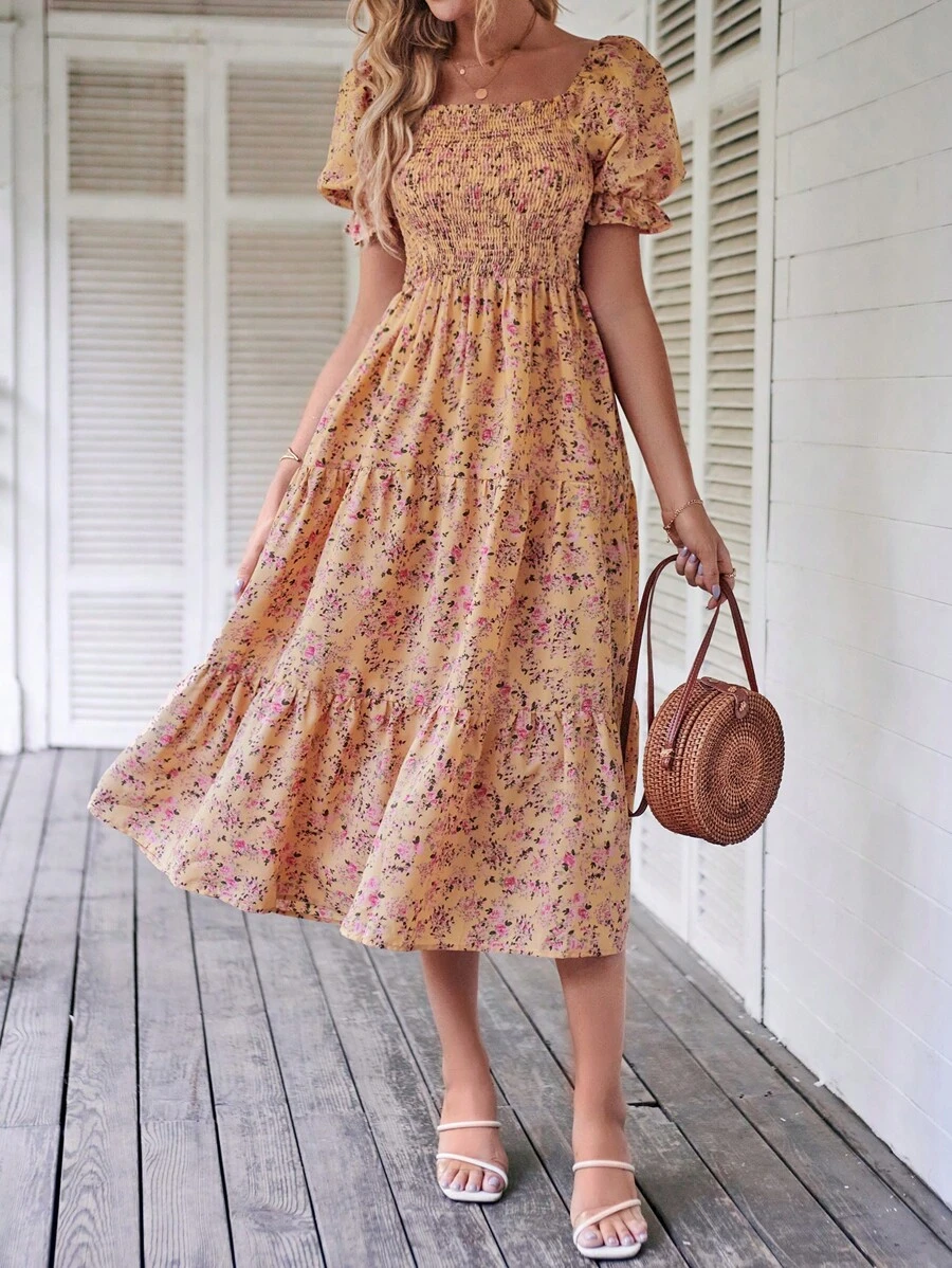 Breezaya Ditsy Floral Print Puff Sleeve Ruffle Hem Dress - Coral Orange - View 1