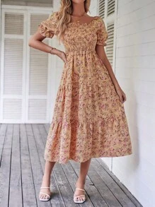 Breezaya Ditsy Floral Print Puff Sleeve Ruffle Hem Dress - Coral Orange - View 3