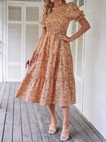 Breezaya Ditsy Floral Print Puff Sleeve Ruffle Hem Dress - Coral Orange - View 4