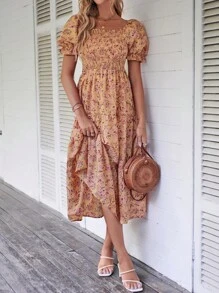 Breezaya Ditsy Floral Print Puff Sleeve Ruffle Hem Dress - Coral Orange - View 5