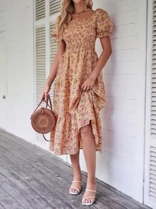 Breezaya Ditsy Floral Print Puff Sleeve Ruffle Hem Dress - Coral Orange - View 6
