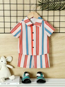 SHEIN 男嬰條紋印花襯衫和短褲 - 彩色 - 查看 1
