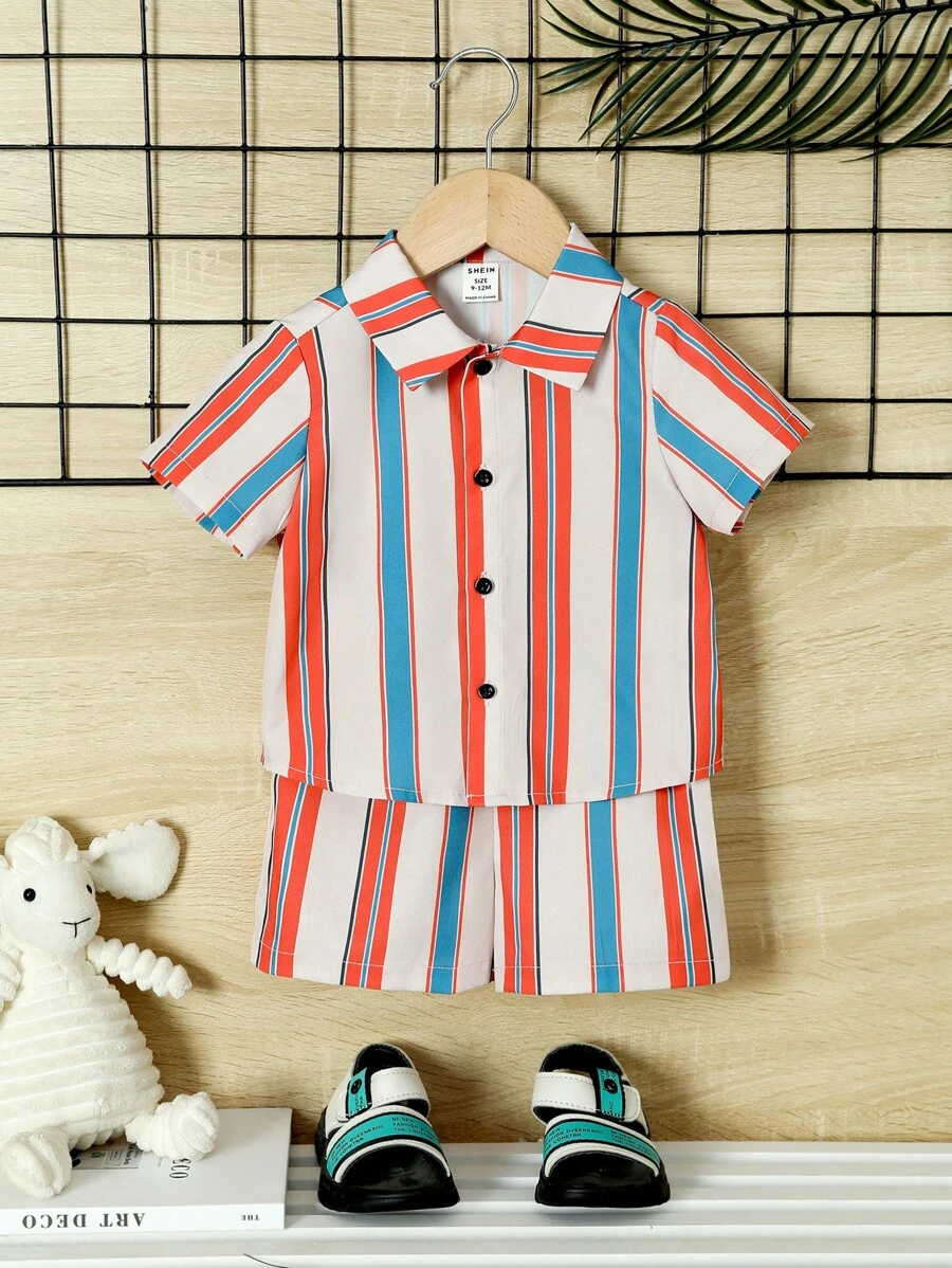 SHEIN 男嬰條紋印花襯衫和短褲 - 彩色 - 查看 1