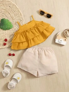 SHEIN 嬰兒荷葉邊吊帶背心和短褲 - 黃色 - 查看 4