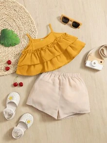 SHEIN 嬰兒荷葉邊吊帶背心和短褲 - 黃色 - 查看 6