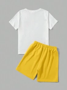 SHEIN 男孩汽車和標語圖案T恤和短褲 - 黃色 - 查看 2