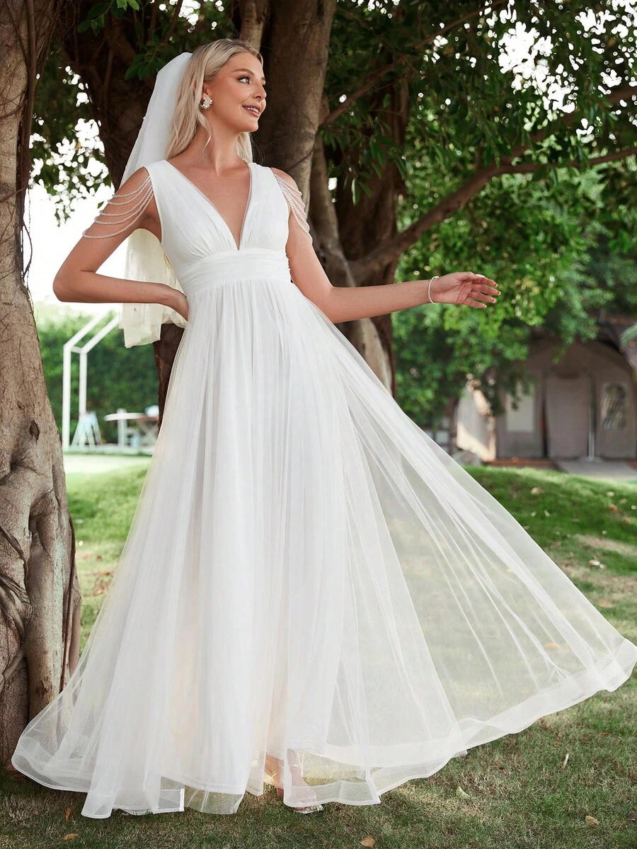 Contrast Mesh V Neck Wedding Dress White Elegant Bridal Dress - White - View 1