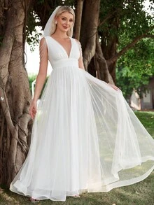 Contrast Mesh V Neck Wedding Dress White Elegant Bridal Dress - White - View 5