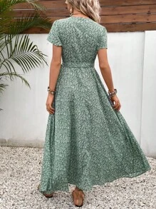 SHEIN Frenchy Đầm Thắt nút Trọn gói Họa tiết hoa Boho - Màu xanh Cadet - Xem 2