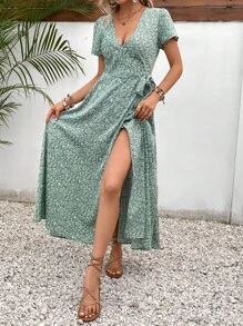 SHEIN Frenchy Đầm Thắt nút Trọn gói Họa tiết hoa Boho - Màu xanh Cadet - Xem 5