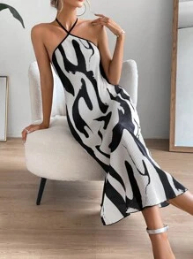 SHEIN Privé Graphic Print Tie Backless Halter Dress - Black and White - View 3