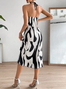 SHEIN Privé Graphic Print Tie Backless Halter Dress - Black and White - View 2