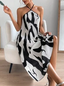 SHEIN Privé Graphic Print Tie Backless Halter Dress - Black and White - View 1