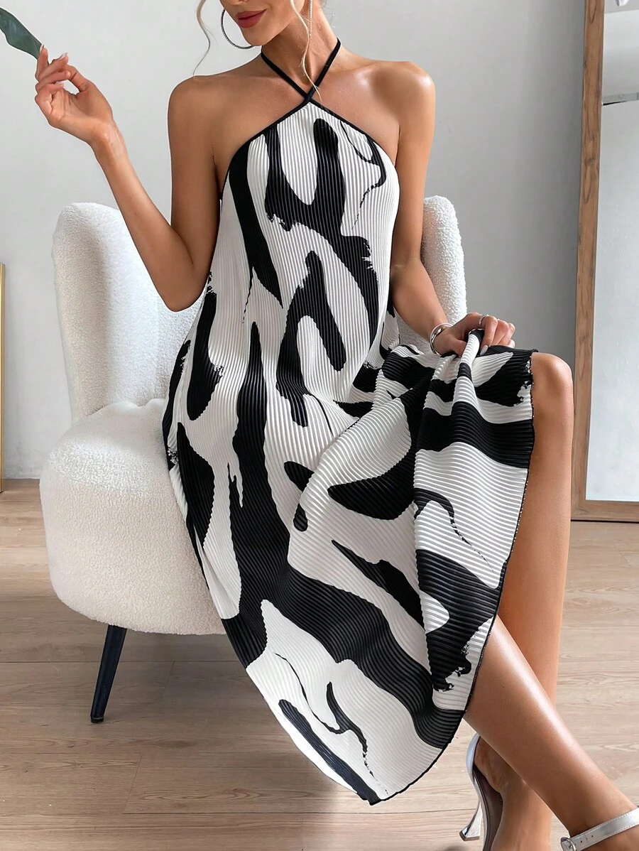 SHEIN Privé Graphic Print Tie Backless Halter Dress - Black and White - View 1