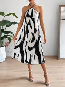 SHEIN Privé Graphic Print Tie Backless Halter Dress - Black and White - View 4