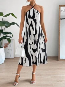 SHEIN Privé Graphic Print Tie Backless Halter Dress - Black and White - View 5