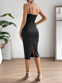 SHEIN Privé 素色吊帶緊身連衣裙 - 黑色 - 查看 2