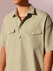 Manfinity Hypemode 男士翻蓋口袋落肩袖POLO衫 - 綠色 - 查看 5