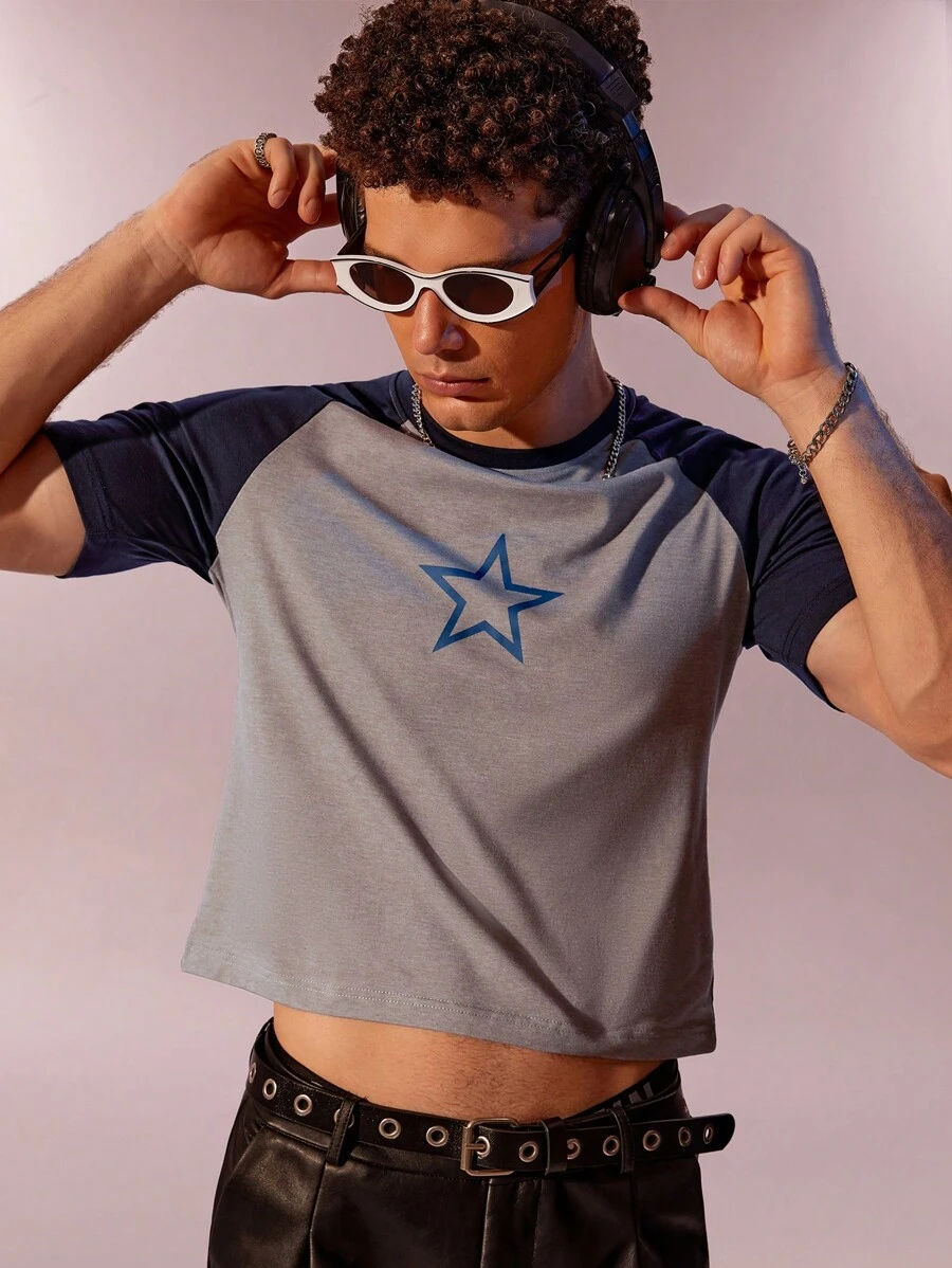 Manfinity Roghcode 男士T恤圓領短袖短款圖案T恤，夏季休閒性感純棉 - 灰色 - 查看 1