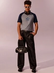 Manfinity Roghcode 男士T恤圓領短袖短款圖案T恤，夏季休閒性感純棉 - 灰色 - 查看 3