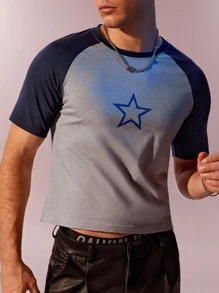 Manfinity Roghcode 男士T恤圓領短袖短款圖案T恤，夏季休閒性感純棉 - 灰色 - 查看 6