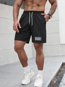 Manfinity Homme 男士標語圖案腰部抽繩短褲 - 黑色 - 查看 7