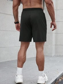 Manfinity Homme 男士標語圖案腰部抽繩短褲 - 黑色 - 查看 2