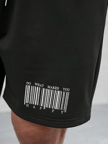 Manfinity Homme 男士標語圖案腰部抽繩短褲 - 黑色 - 查看 4