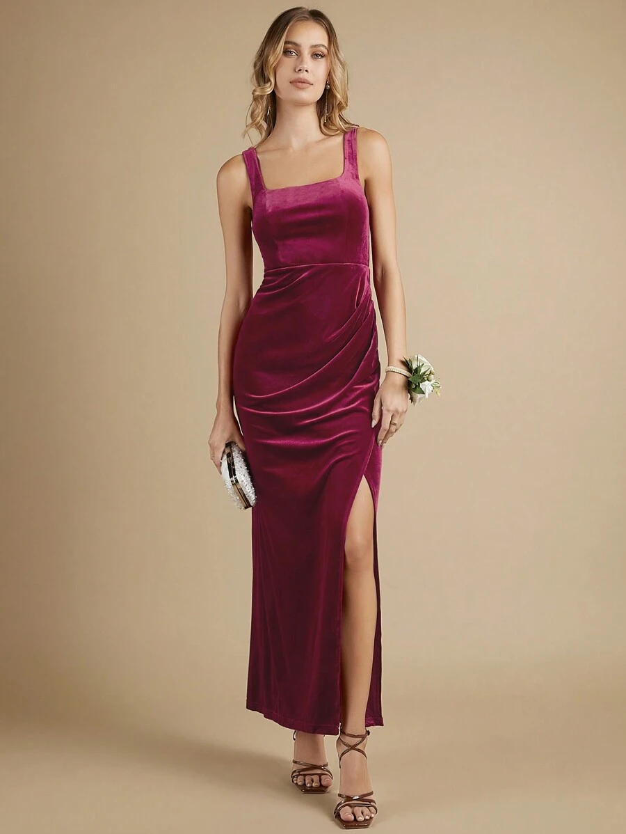SHEIN Belle Split Thigh Velvet Solid Bridesmaid Dress - Rose Red - View 1