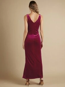 SHEIN Belle Tách đùi Nhung Chất rắn Váy phù dâu - Màu Hoa hồng đỏ - Xem 2