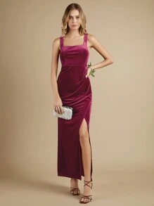 SHEIN Belle Tách đùi Nhung Chất rắn Váy phù dâu - Màu Hoa hồng đỏ - Xem 3