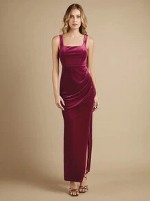 SHEIN Belle Tách đùi Nhung Chất rắn Váy phù dâu - Màu Hoa hồng đỏ - Xem 4