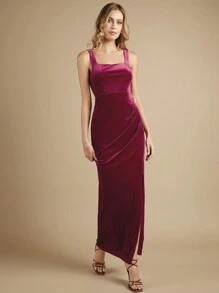 SHEIN Belle Tách đùi Nhung Chất rắn Váy phù dâu - Màu Hoa hồng đỏ - Xem 5