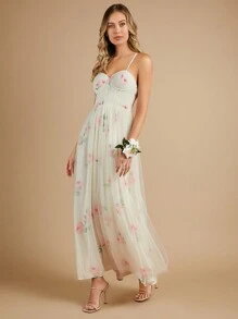 SHEIN Belle 印花網紗覆蓋吊帶裙伴娘禮服 - 彩色 - 查看 3