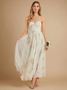 SHEIN Belle 印花網紗覆蓋吊帶裙伴娘禮服 - 彩色 - 查看 4