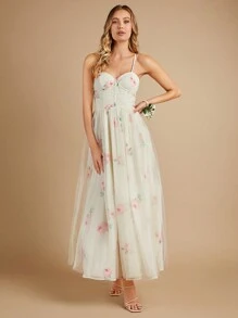 SHEIN Belle 印花網紗覆蓋吊帶裙伴娘禮服 - 彩色 - 查看 7