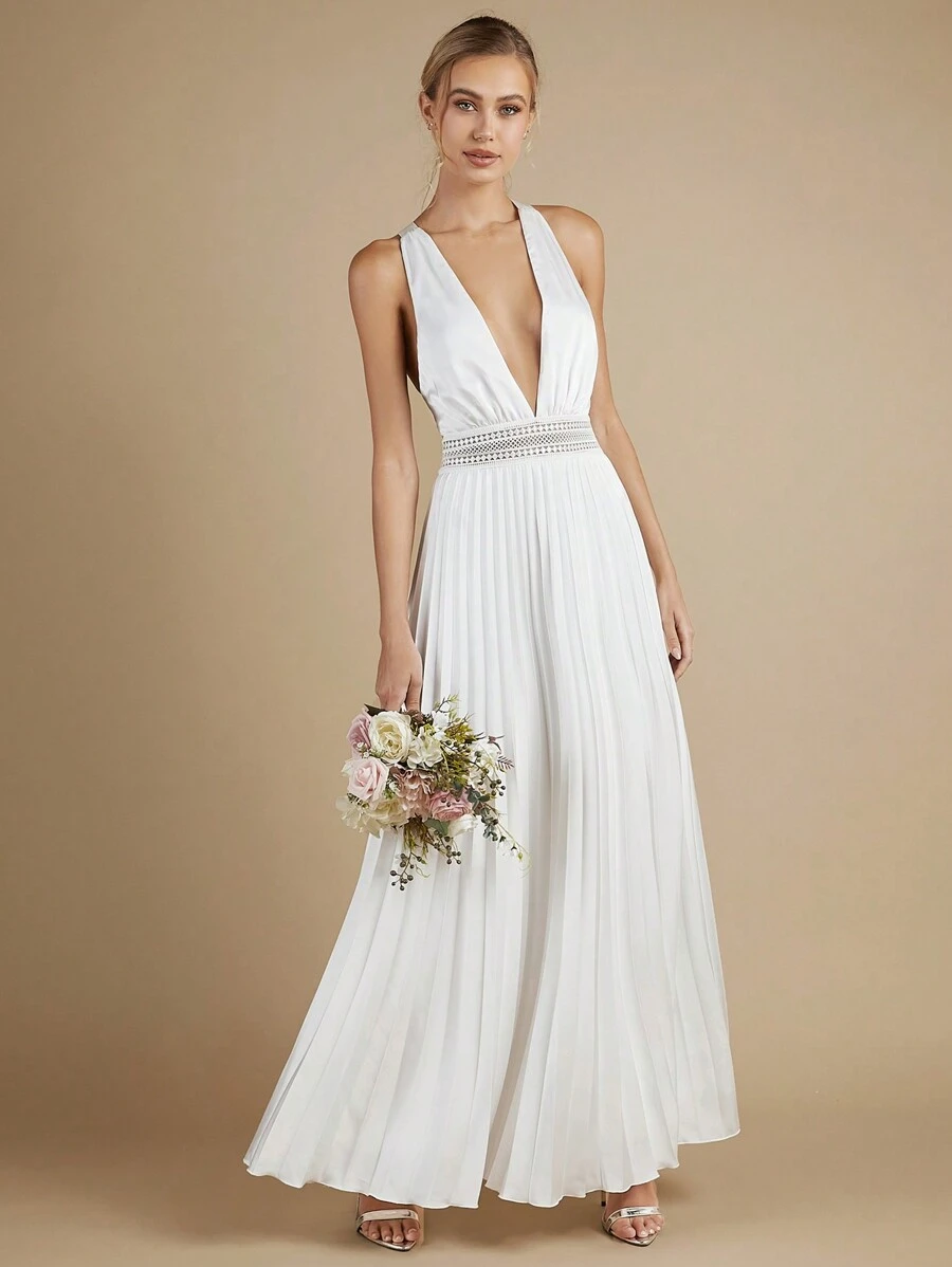 SHEIN Belle 深V領百褶下擺超長婚紗洋裝 - 白色 - 查看 1