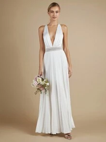 SHEIN Belle 深V領百褶下擺超長婚紗洋裝 - 白色 - 查看 4