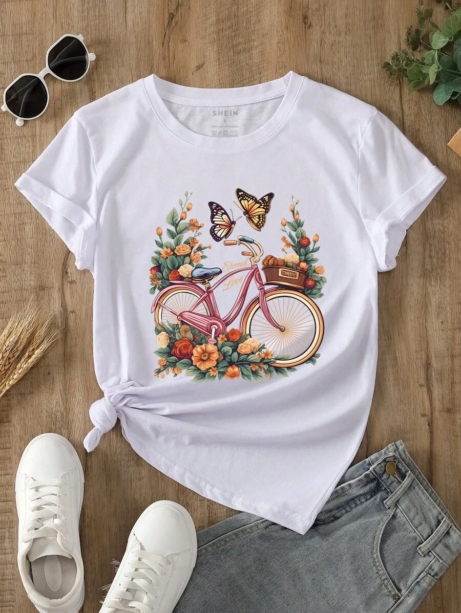 INAWLY Camiseta con estampado de flores y mariposas para mujeres - Blanco - Ver 1