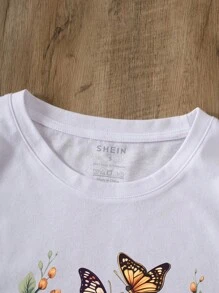 INAWLY Camiseta con estampado de flores y mariposas para mujeres - Blanco - Ver 3