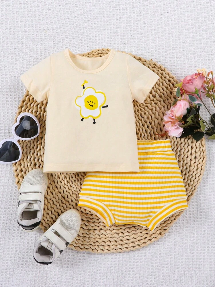 SHEIN Baby Cartoon Graphic Tee & Striped Print Shorts - Yellow - View 1