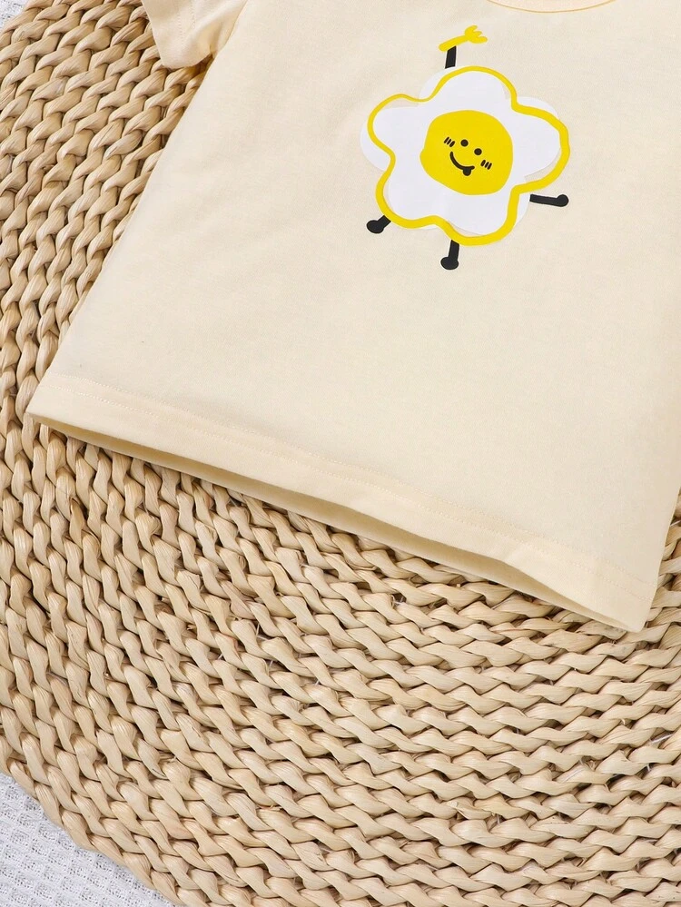 SHEIN Baby Cartoon Graphic Tee & Striped Print Shorts - Yellow - View 5