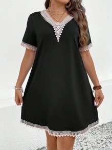 SHEIN LUNE Plus Guipure Lace Trim Tee Dress - Black - View 4