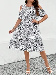 SHEIN LUNE Đầm Plus Size Viên lá sen Tất cả trên in Giải trí - Đen và trắng - Xem 6