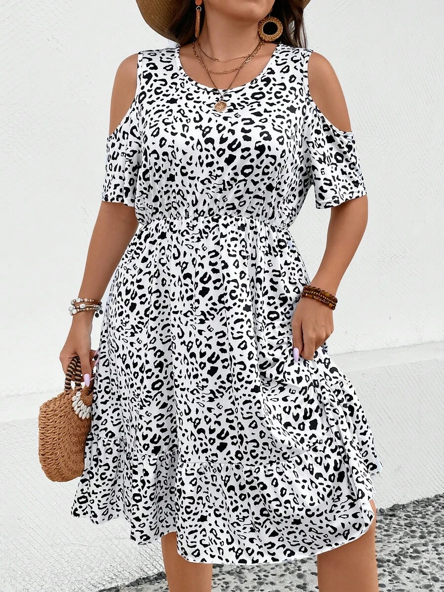 SHEIN LUNE Đầm Plus Size Viên lá sen Tất cả trên in Giải trí - Đen và trắng - Xem 1