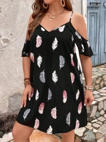 SHEIN VCAY Plus Feather Print Cold Shoulder Ruffle Trim Dress - Multicolor - View 3
